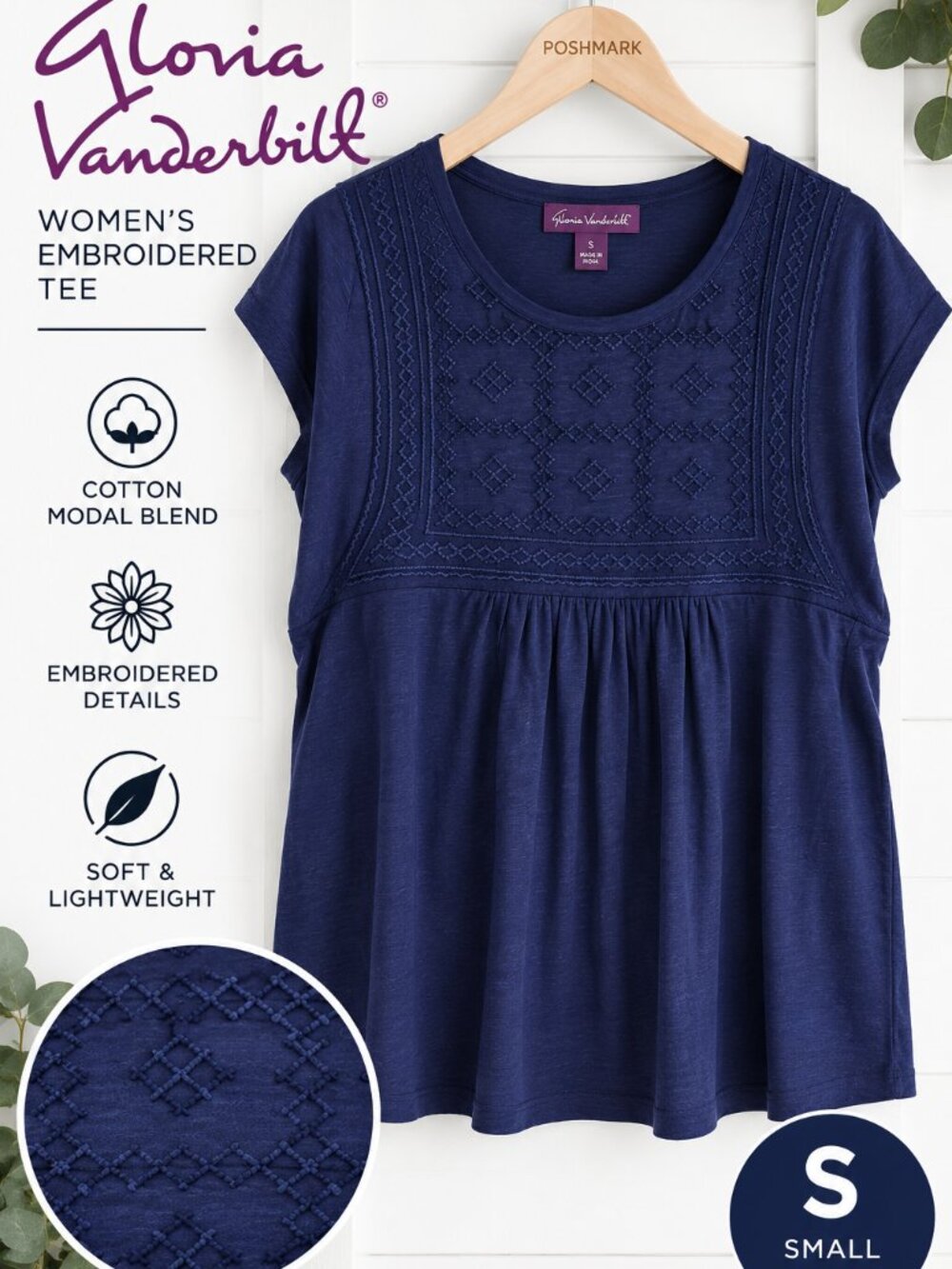Gloria Vanderbilt Women’s Embroidered Babydoll Tee Navy Blue Small NWT